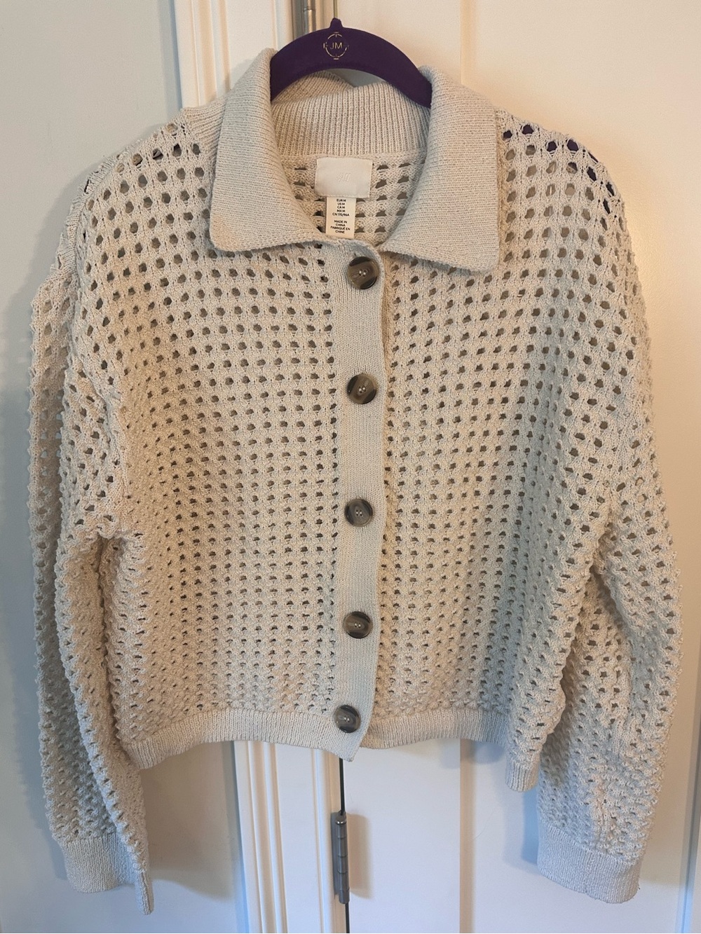 H&M Open-Knit Button Cardigan in Cream